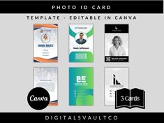 an image of some business cards and brochures with the name photo id card template - editable in canva