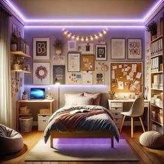 a bedroom with purple lighting and pictures on the wall