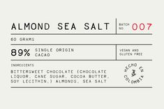 the label for almond sea salt is shown in red and black on a white background