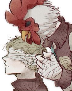 a drawing of two people with roosters on their heads