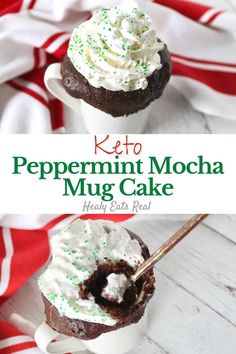 Close up of peppermint mocha keto mug cake with whipped cream on top sprinkled with green sprinkles in a white mug on a white wooden surface with a red and white striped dish towel in the background Peppermint Mug Cake, Keto Mug, Low Carb Christmas, Keto Holiday Recipes, Keto Mug Cake, Chocolate Mug Cakes, Mug Recipes