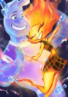 a cartoon character is dancing in front of a fire and water background with bubbles around it