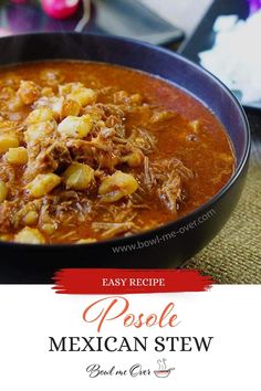 the recipe for mexican stew is shown in a black bowl