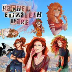 the cover for rachel elizabeth dare, featuring four young women with red hair and an angel