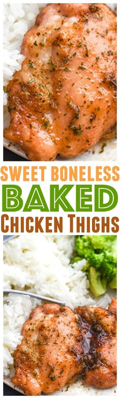 this is an image of sweet boneless baked chicken thighs with broccoli and rice