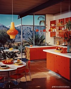 an orange kitchen with mountains in the backgroud and palm trees on the wall