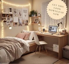 a bed room with a neatly made bed and a laptop on top of the desk