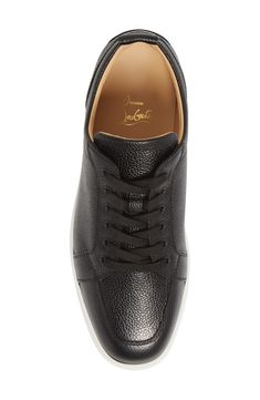 Richly textured calfskin leather refines the classic profile of a stylish Italian sneaker set on a signature Louboutin red sole. Lace-up style Removable insole Wipe with a soft, dry cloth and store in a dust bag Leather upper and lining/rubber sole Made in Italy Men's Shoes Classic Low-top Sneakers With Leather Lining, Fashionable Sneakers With Contrast Sole And Calf Leather, Luxury Calf Leather Sneakers For Formal Occasions, Elegant Sneakers With Contrast Sole And Calf Leather, Modern Calf Leather Sneakers With Red Sole, Elegant Calf Leather Sneakers With Contrast Sole, Business Low-top Sneakers With Red Sole, Elegant Calf Leather Sneakers With Textured Sole, Elegant Black Calf Leather Sneakers