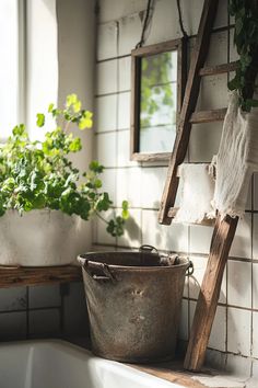 a ladder leaning up against a wall next to a bathtub filled with potted plants