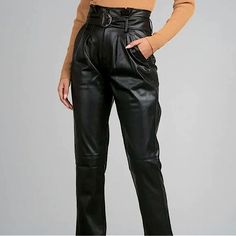 Black Faux Leather Pants High Waisted Belt Back Pockets 55% Polyester 45% Pu Dry Clean Belted High Waist Bottoms For Date Night, Belted Bottoms For Date Night, Chic Belted Bottoms For Date Night, High Waist Faux Leather Bottoms With Belt Loops, Chic High-waisted Leather Pants With Belt Loops, Trendy Belted Faux Leather Bottoms, Trendy Faux Leather Belted Bottoms, High-waisted Pants With Belt Loops For Date Night, Faux Leather Tapered Leg Work Pants