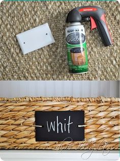 a basket with a chalkboard and glue on it next to a sign that says whit