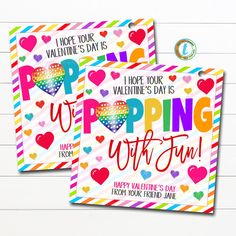 two valentine's day cards with colorful hearts