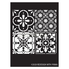 four different patterns in black and white, with the words design with prima written below