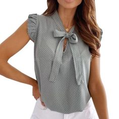 Ruffles Top, Short Sleeves Shirt, Blouse Short Sleeve, Bow Blouse, Summer Blouses, Butterfly Sleeves, Polka Dot Blouse, Short Sleeve Blouse, Sleeveless Blouse