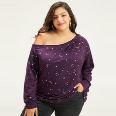 Shop Moon & Star Glitter One Shoulder Sweatshirt now and redefine your style with confidence at BloomChic. Tailored for mid and plus-size women. This trendy Tops Women, sizes 10-30. Season:Fall;Color:Eggplant;Style:Casual;Neckline:One Shoulder;Sleeve Type:Raglan sleeve;Pattern Type:Moon and Star;Details:Printed, Elastic cuffs;Pocket:No-pocket;Belt:No-belt Glitter Crew Neck Tops For Night Out, Long Sleeve Star Print Tops For Fall, Long Sleeve Tops With Star Print For Fall, Glitter Long Sleeve Winter Tops, Glitter Long Sleeve Tops For Winter, Winter Glitter Long Sleeve Tops, Long Sleeve Glitter Tops For Winter, Long Sleeve Glitter Top For Winter, Fall Loungewear Tops With Star Print