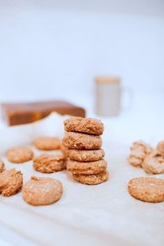 a stack of cookies sitting on top of a white counter