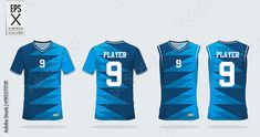 three different blue jerseys with white numbers on the front and back, one is for player 9