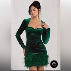 Worn Once. Got So Many Compliments And It Fits Great And Comfy. Zips In The Back. Green Christmas Cocktail Dress, Green Long Sleeve Mini Dress For Dinner, Winter Cocktail Dress With Feathers, Holiday Long Sleeve Mini Evening Dress, Fitted Feather Trim Dress For Winter, Fitted Winter Dress With Feather Trim, Long Sleeve Mini Dress With Feather Trim For Winter, Cocktail Long Sleeve Mini Dress With Feathers, Cocktail Mini Dress With Feathers And Long Sleeves