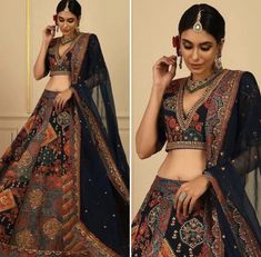 Dark Blue Sangeet Outfit, Desi Lehanga, Sari Bride, Stylish Dupatta, Best Indian Wedding Dresses, Haldi Outfits, Lehenga Saree Design, Wedding Lehenga Designs