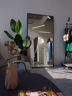 a large mirror sitting above a table next to a plant