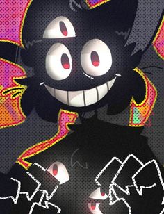 an animated black cat with big eyes and fangs on it's face, standing in front of a colorful background