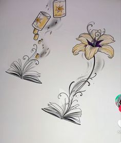 a drawing of flowers and books on a wall