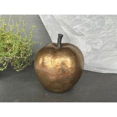 an apple shaped vase sitting next to a potted plant on a black tablecloth