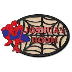 a wooden sign that says, joshua's room with a spiderman on it