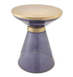 a purple and gold table with a circular top on the bottom, in front of a white background