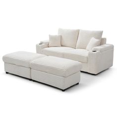 a white couch and ottoman sitting next to each other on a white surface with no one in it