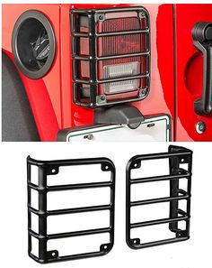 the front and rear grilles of a red jeep with black grill guards on it