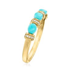 Ross-Simons - Turquoise Ring with Diamond Accents in 10kt Yellow Gold. Size 8. Canaria fine jewelry. Perfect for everyday wear, these genuine 10kt gold wardrobe essentials are fashionable, fun and designed to last a lifetime. Strong and durable, our collection of gold classics is always a great value. Brighten up your stack with this lively ring, featuring 4x3mm oval stabilized turquoise cabochons and sparkling diamond accents in between. Crafted in polished 10kt yellow gold. 1/8" wide. Turquois Elegant Stackable Turquoise Ring, Elegant Turquoise Ring With Diamond Accents In Yellow Gold, Gold Wardrobe, Turquoise Gold Ring, Yellow Gold Jewelry, Ring With Diamond, Sparkling Diamond, Bare Necessities, Sparkle Diamonds