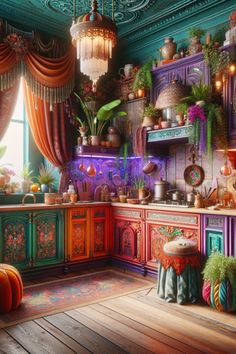 a kitchen with lots of potted plants in it