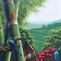 a painting of birds perched on the branches of palm trees in a tropical forest with red berries