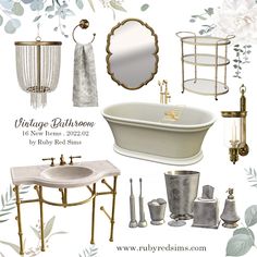 vintage bathroom design board with bathtub, sink, mirror and other items in it