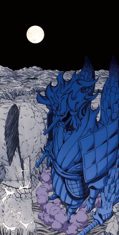 a blue dragon sitting on top of a rock covered ground next to a full moon