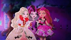 three barbie dolls standing next to each other in front of a tree and purple background