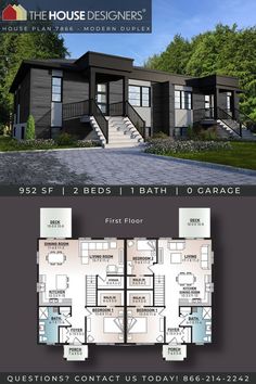 two story house plan with 3 bedroom and 2 bathrooms on each floor, in the middle of