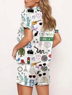 Experience the ultimate comfort and style with the Street Graphic Printed Pajama Set. This two-piece set features a lively and eclectic design, perfect for adding a fun twist to your nightwear collection. Details: 97% Polyester, 3% Spandex Fabric: Satin Lapel collar Elasticated-waist Machine wash Package: 1 x Top & 1 x Bottom Enjoy the perfect blend of comfort and quirky style with this pajama set, ideal for lounging or sleeping in. Size Chart (Inches): Casual Spring Bedtime Sets, Casual Bedtime Sets For Spring, Multicolor Summer Pajama Shorts For Bedtime, Multicolor Cartoon Print Sleepwear For Spring, Spring Cartoon Print Loungewear Sets, Casual Cartoon Print Sleep Sets, Casual Cartoon Print Sleepwear Sets, Casual Sleepwear Sets With Cartoon Print, Casual Sleepwear With All Over Print