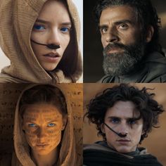 four different pictures of people with faces painted like humans and one is wearing a hoodie