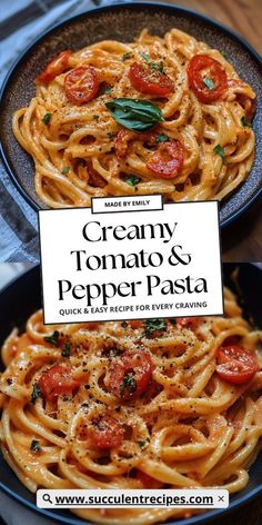 creamy tomato and pepper pasta in a skillet with the title overlay that reads creamy tomato and pepper pasta