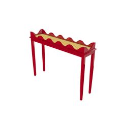 a red table with a long yellow and white tray on it's top, sitting in front of a white background