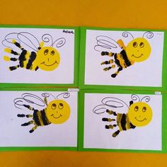 three pictures of bees on white paper with green border and yellow background, each showing the same handprint