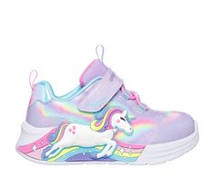 Sparkle and shine in style wearing Skechers S-Lights Unicorn Chaser. This sporty Magical Collection lighted design features a synthetic glitter finish upper with unicorn and rainbow side graphic, stretch laces, adjustable instep strap, and a cushioned comfort footbed. Bonus gift with purchase. | Skechers Girl's S-Lights: Unicorn Chaser Sneaker | Medium Width | From Skechers' thematic Magical Collection | Toddler sizes do not feature on/off light button | Skechers easy on, easy off Adaptive Closu Unicorn Shoes, Unicorn And Rainbow, Girls Shoes Sneakers, Insole Design, Waterproof Sneakers, Princess Shoes, Girls Shoes Kids, Unicorn Gifts, Wide Shoes