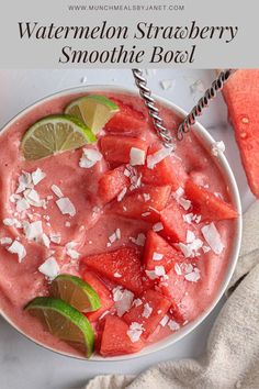 watermelon and lime smoothie in a bowl with text overlay that reads watermelon strawberry smoothie