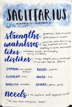 a handwritten recipe for sagittarius written in blue ink on a white paper