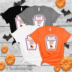 Magic Halloween Pumpkin Sauce Halloween Funny Graphic Costume T-shirt, Unisex (Ships Quick! 1-2 Business Days) Choose from four different colors and 6 sizes! Go with Bella Canvas for a super soft premium tee, or the Gildan Softstyle for economical comfort! The shirt colors that are available are:  * Black * White * Orange * Deep Heather Grey (Bella Canvas) or Graphite Heather (Gildan) Please make sure to use our sizing chart, located in the photo section, and let us know if you need any assistance!  Please note: As soon as an order is placed it is automatically sent out to production, because of this orders can not be canceled or modified. Orders ship within 1-2 business days! There are no refunds or exchanges on decorated items but we will do our absolute best to work with you in case of Pre-shrunk Themed Tops For Halloween, Themed Short Sleeve T-shirt For Costume Party, Themed Halloween T-shirt With Custom Print, Halloween Themed Pre-shrunk T-shirt, Pre-shrunk Themed T-shirt For Halloween, Pumpkin Sauce, Hippopotamus For Christmas, Mount Vernon, T Shirt Costumes