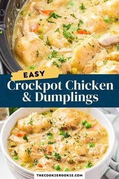 crockpot chicken and dumplings recipe in a slow cooker with text overlay