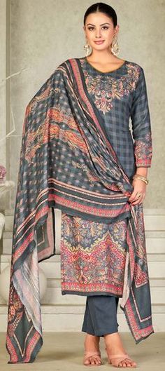 Black and Grey color Salwar Kameez in Viscose fabric with Printed work Wear Green, Viscose Fabric, Brown Fashion, Grey Color, Grey Fashion, Green Fashion, Salwar Kameez, Wearing Black, Dress Materials