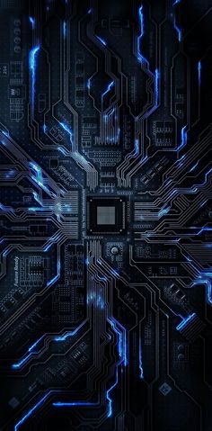 an image of a computer circuit board with blue lights in the middle and black background